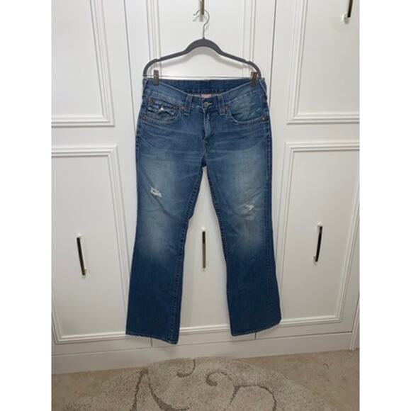 True Religion‎ Men's Blue Straight Jeans Size 34 Distressed Flap Pockets - Picture 1 of 9